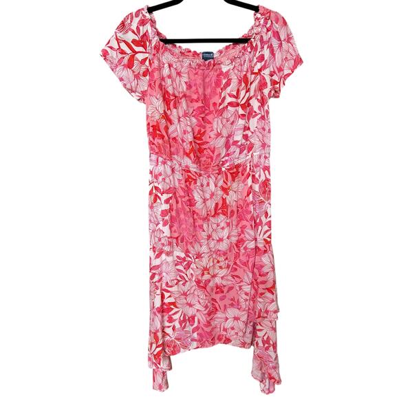 Caribbean Joe Women's Pink + Red Tropical Hawaiian Asymmetrical Dress Size Large - Picture 2 of 5